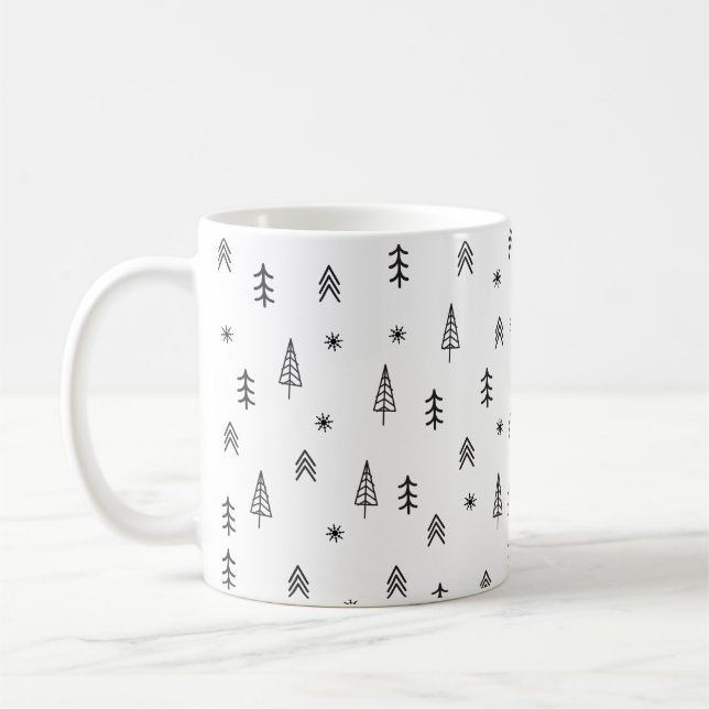 Minimalist Black & White Winter Forest Pattern Coffee Mug (Left)