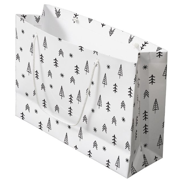 Minimalist Black & White Winter Forest Pattern Large Gift Bag (Front Angled)