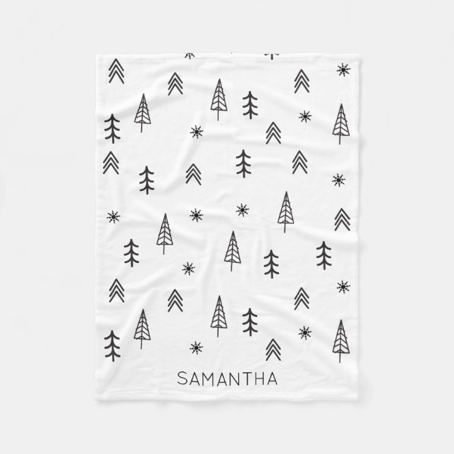 Minimalist Black White Winter Forest Pattern Name Fleece Blanket (Front)