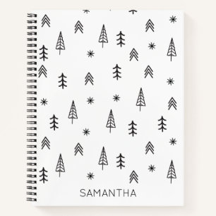 Minimalist Black White Winter Forest Pattern Name Notebook