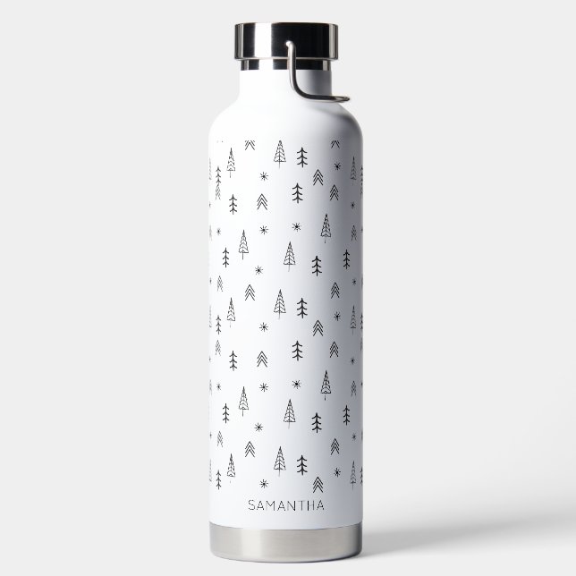 Minimalist Black White Winter Forest Pattern Name Water Bottle (Left)