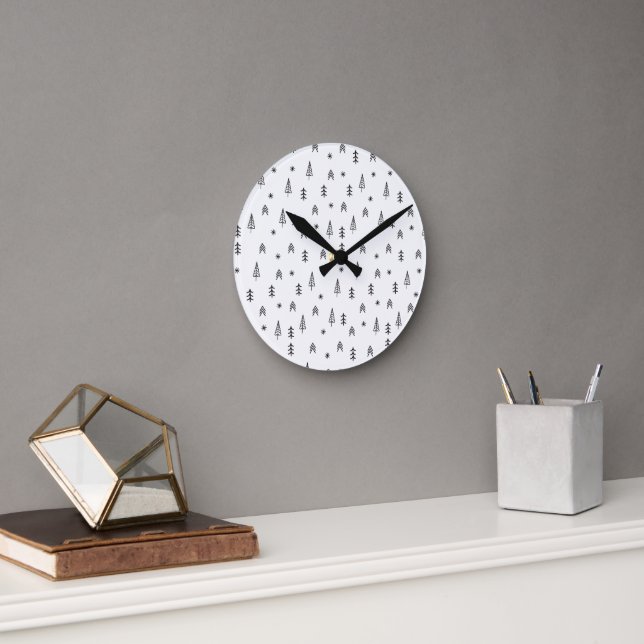Minimalist Black & White Winter Forest Pattern Round Clock (Office)