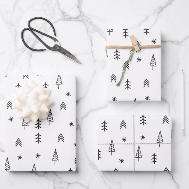 Minimalist Black & White Winter Forest Pattern Wrapping Paper Sheet (Front)