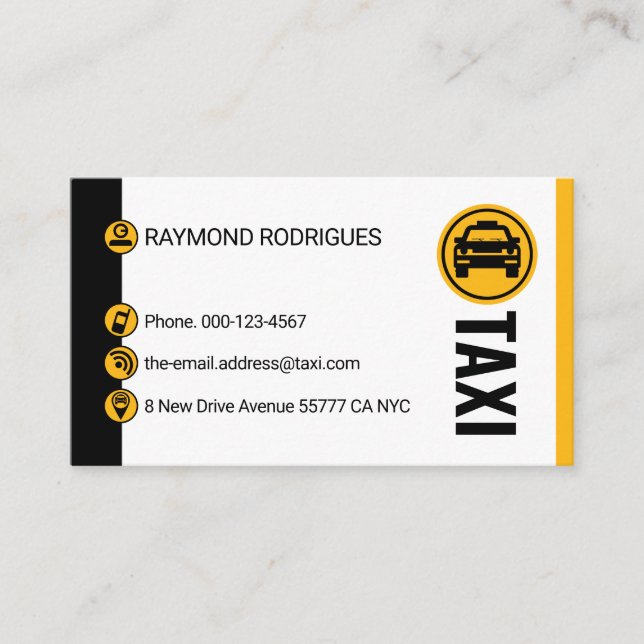 Minimalist Black Yellow Taxi Stripes Driving Business Card (Front)