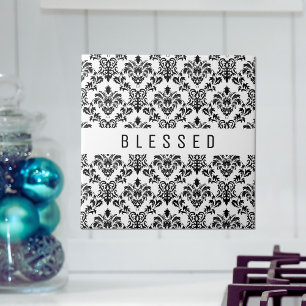 Minimalist BLESSED, black floral Ceramic Tile