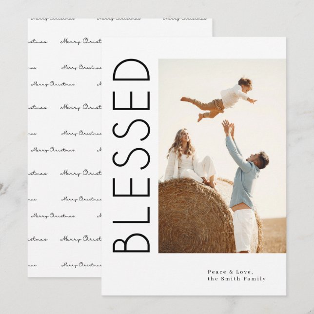 Minimalist Blessed Merry Christmas Family Photo Holiday Card (Front/Back)