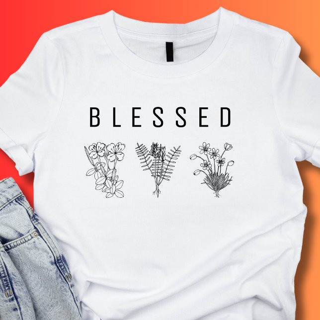 Minimalist BLESSED Three Wildflowers Black White T-Shirt (Creator Uploaded)