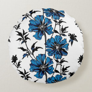 Minimalist blue and black floral ink illustration round cushion