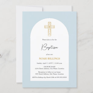 Minimalist Blue and Gold Cross Baptism Invitation