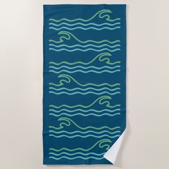 Minimalist blue and green waves swimming and ocean beach towel (Front)