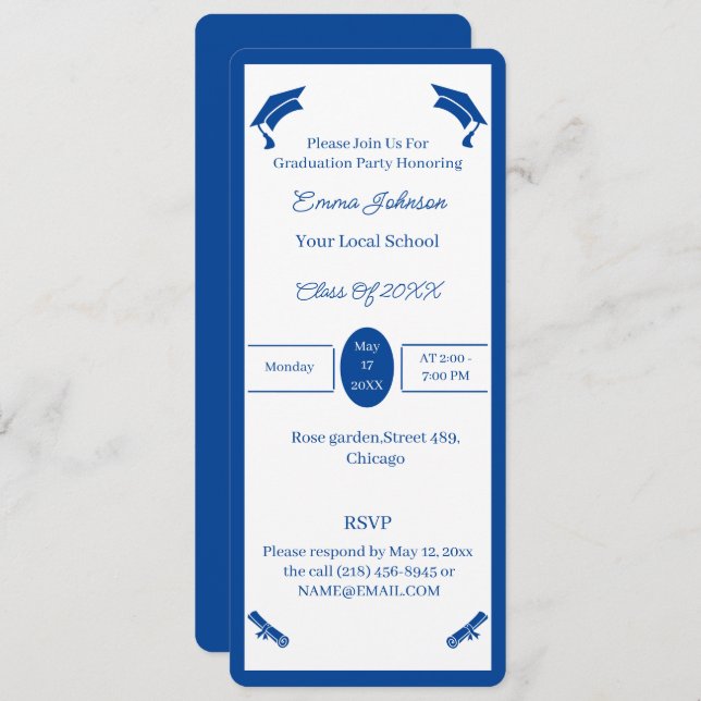 Minimalist Blue And White Personalised Graduation Invitation (Front/Back)