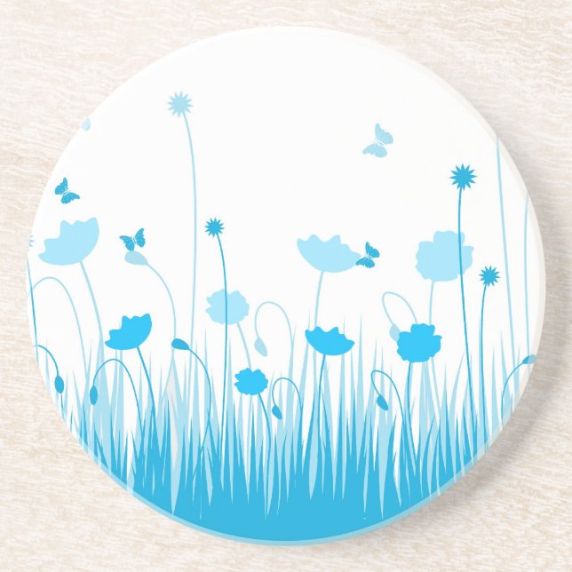Minimalist Blue and White Poppies Meadow Floral Coaster (Front)