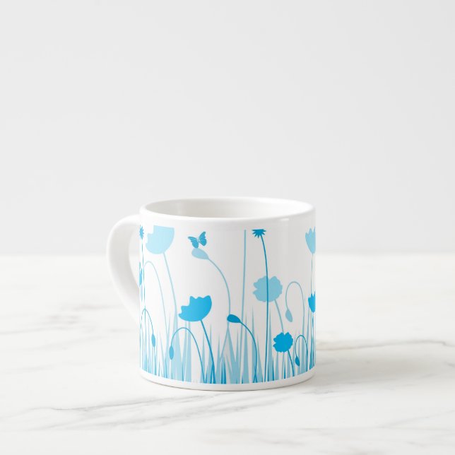 Minimalist Blue and White Poppies Meadow Floral Espresso Cup (Front Left)