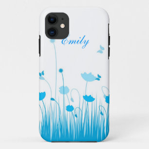 Minimalist Blue and White Poppies Meadow Name iPhone 11 Case