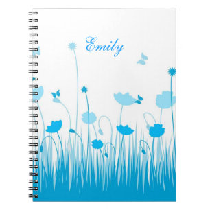 Minimalist Blue and White Poppies Meadow Name Notebook