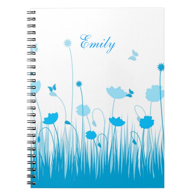 Minimalist Blue and White Poppies Meadow Name Notebook (Front)