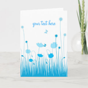 Minimalist Blue and White Poppies Meadow Script Card