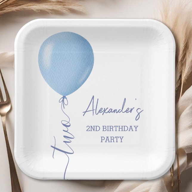 Minimalist Blue Balloon Boy 2nd Birthday Paper Plate (Creator Uploaded)