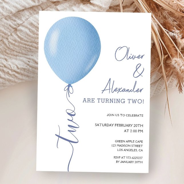Minimalist Blue Balloon Twins Boys 2nd Birthday Invitation (Creator Uploaded)