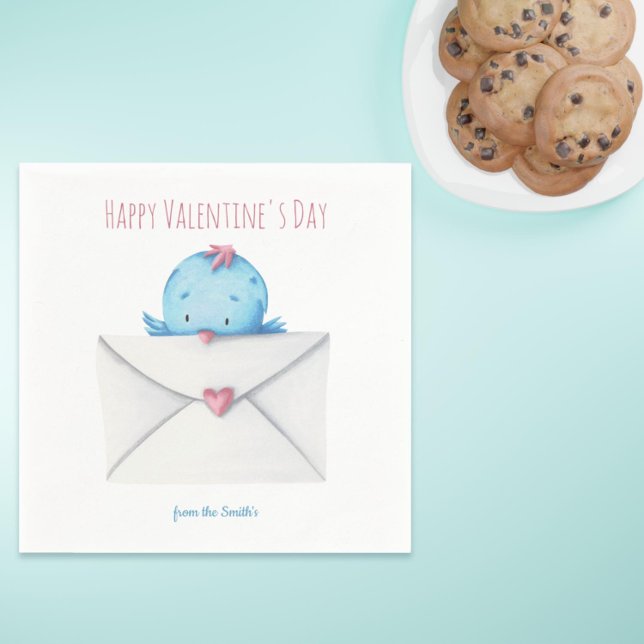 Minimalist Blue Bird Happy Valentine's Day From  Napkin (Happy Valentine's day love bird napkins)