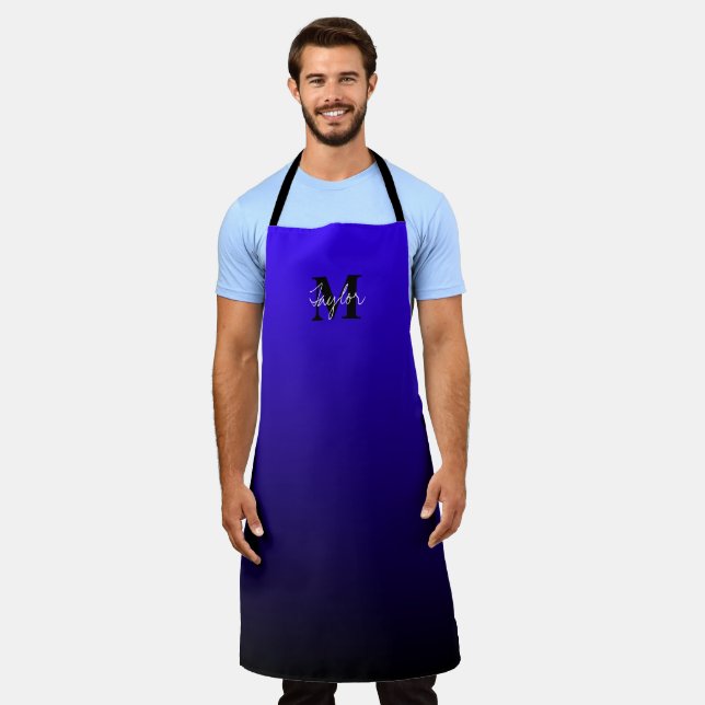 Minimalist Blue Black Ombre Name Monogram Apron (Worn)