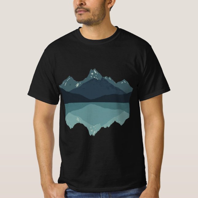 Minimalist Blue Boho Mountain Lake Reflection T-Shirt (Front)