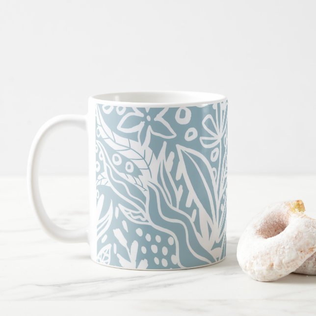 Minimalist Blue Botanical Pattern Coffee Mug (With Donut)