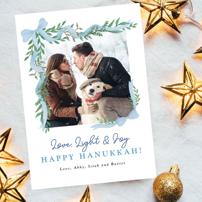 Minimalist Blue Bow Greenery Hanukkah Photo Card (Creator Uploaded)