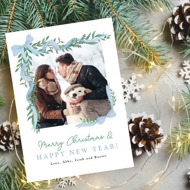 Minimalist Blue Bow & Greenery Holiday Photo Card (Creator Uploaded)