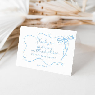 Minimalist blue bow wavy baby shower thank you card