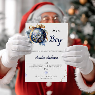 Minimalist Blue Christmas Ornament Baby Shower Invitation