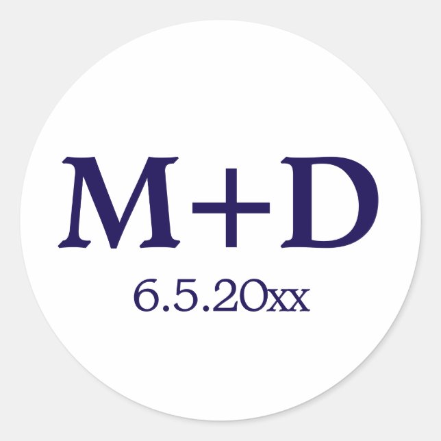 Minimalist Blue Couple Initials & Date Classic Round Sticker (Front)