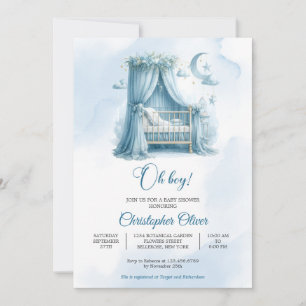 Minimalist blue crib modern script boy baby shower invitation