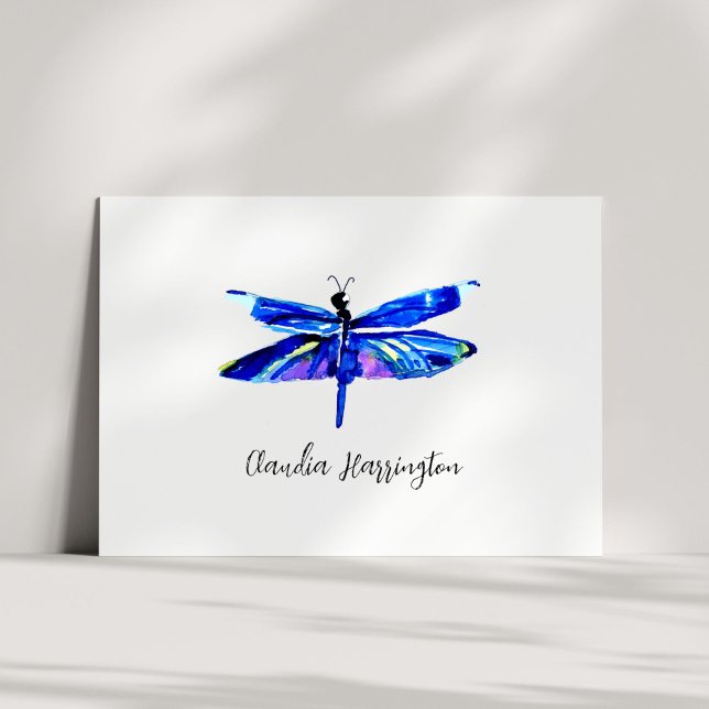 Minimalist Blue Dragonfly Elegant Nature Inspired Note Card (This minimalist blue dragonfly note card features my own watercolor insect art.)