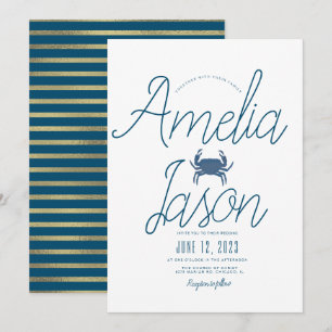 Minimalist Blue  Faux Foil Script Crab Wedding Invitation
