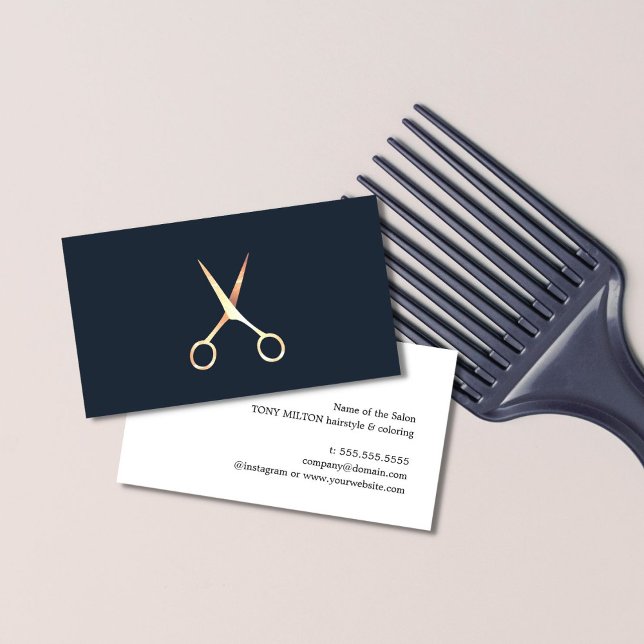 Minimalist Blue Faux Gold Scissors Hair Stylist Business Card (Creator Uploaded)