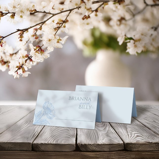 Minimalist Blue Floral Folded Wedding Place Card (Creator Uploaded)