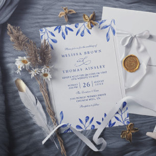 Minimalist Blue Floral Leaves Chic QR Code Wedding Invitation