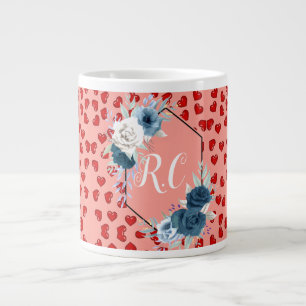 Minimalist Blue Floral Red Hearts Monogram Gift Large Coffee Mug