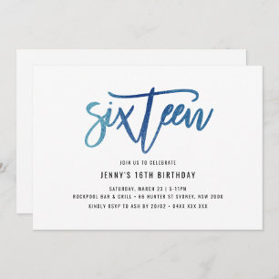Minimalist Blue Foil 16th Birthday Invitation
