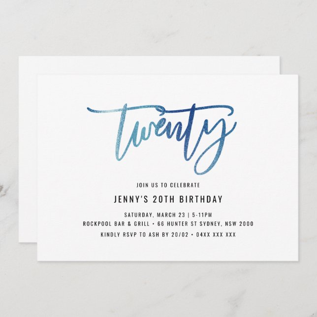 Minimalist Blue Foil 20th Birthday Invitation (Front/Back)