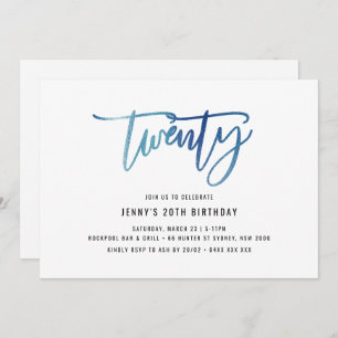 Minimalist Blue Foil 20th Birthday Invitation