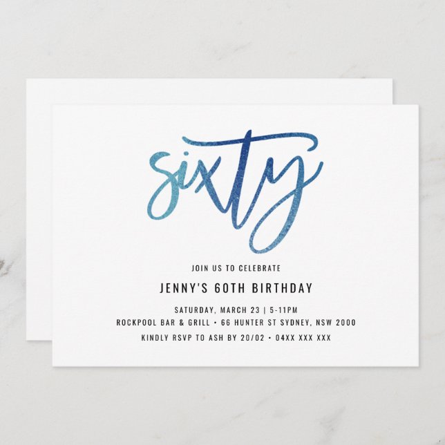 Minimalist Blue Foil 60th Birthday Invitation (Front/Back)