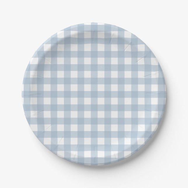 Minimalist Blue Gingham Plaid Pattern Paper Plate (Front)