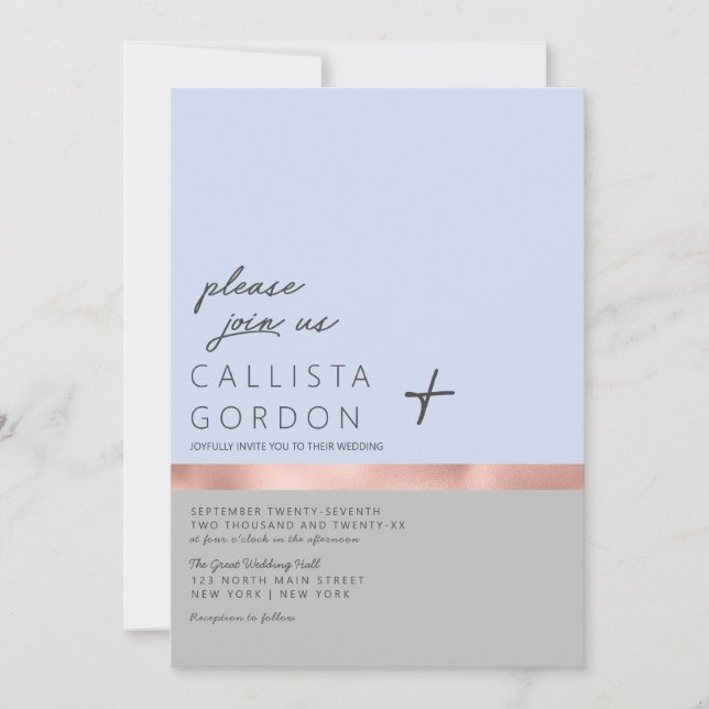 Minimalist Blue Grey Rose Gold Colour Block Weddin Invitation (Front)