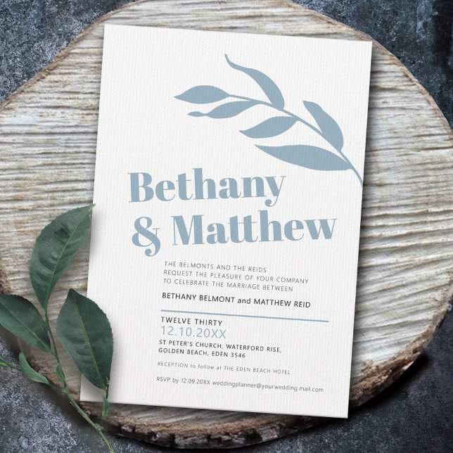 Minimalist blue grey white olive leaves wedding invitation (Creator Uploaded)