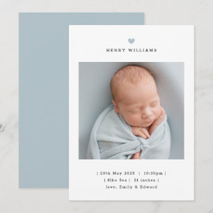 Minimalist Blue Heart Boy Birth Announcement