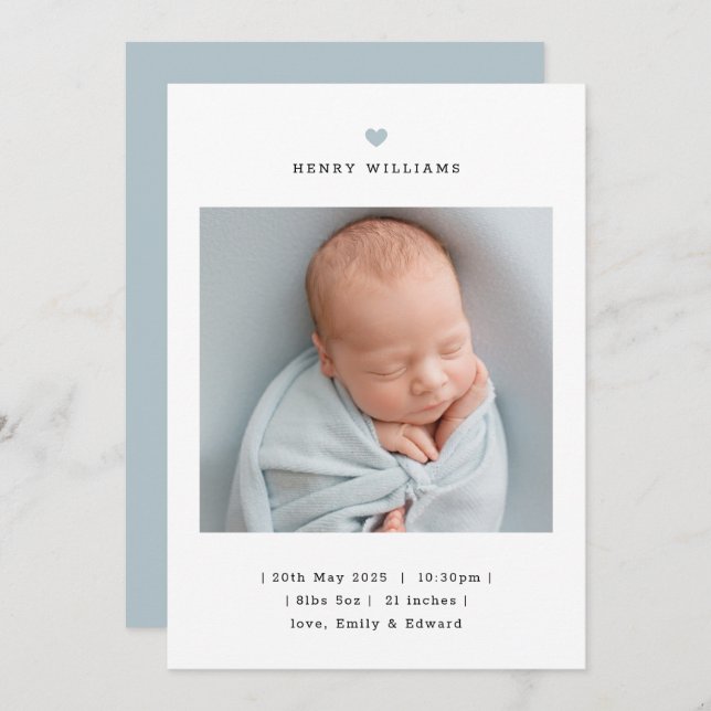 Minimalist Blue Heart Boy Birth Announcement (Front/Back)