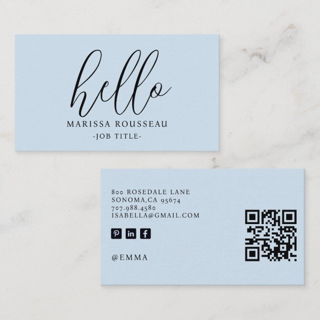 Minimalist Blue Hello QR Code Business Card (Front/Back)