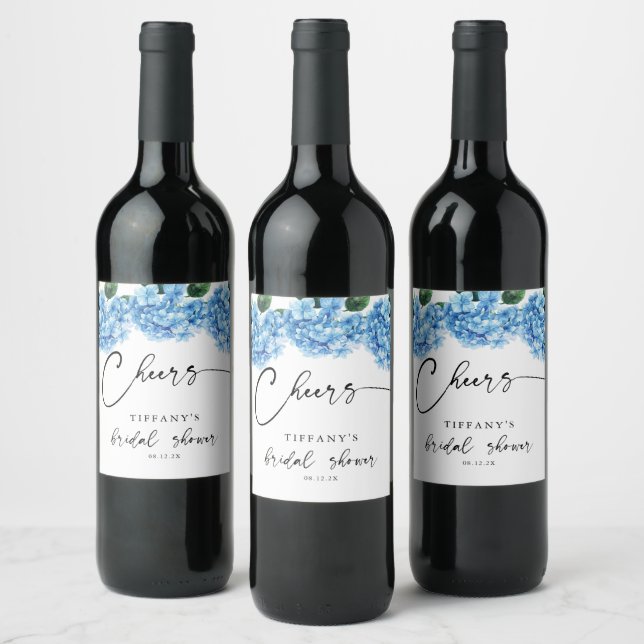 Minimalist Blue Hydrangea Floral Bridal Shower  Wine Label (Bottles)
